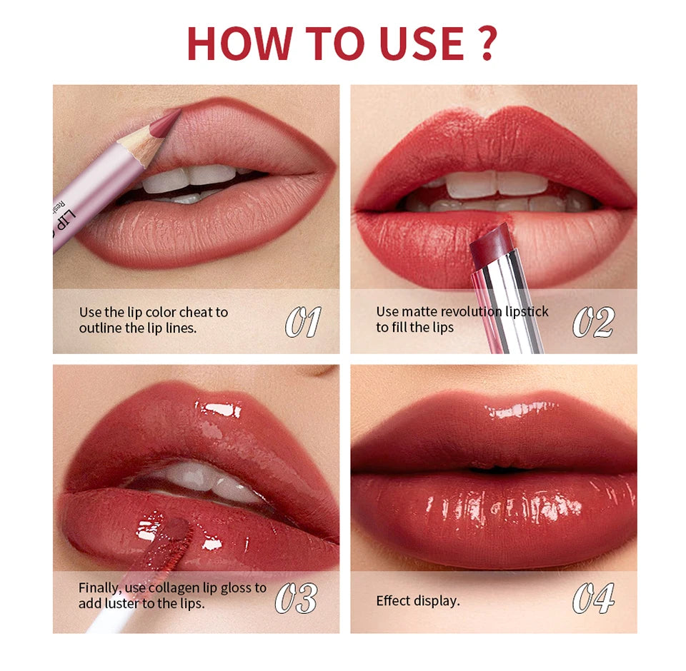 Lip Combo Matte Lipstick + Lip Liner Pen Lip Gloss Set Hydrating Matte Waterproof Long Lasting Lip lipstick set Lip Makeup Set