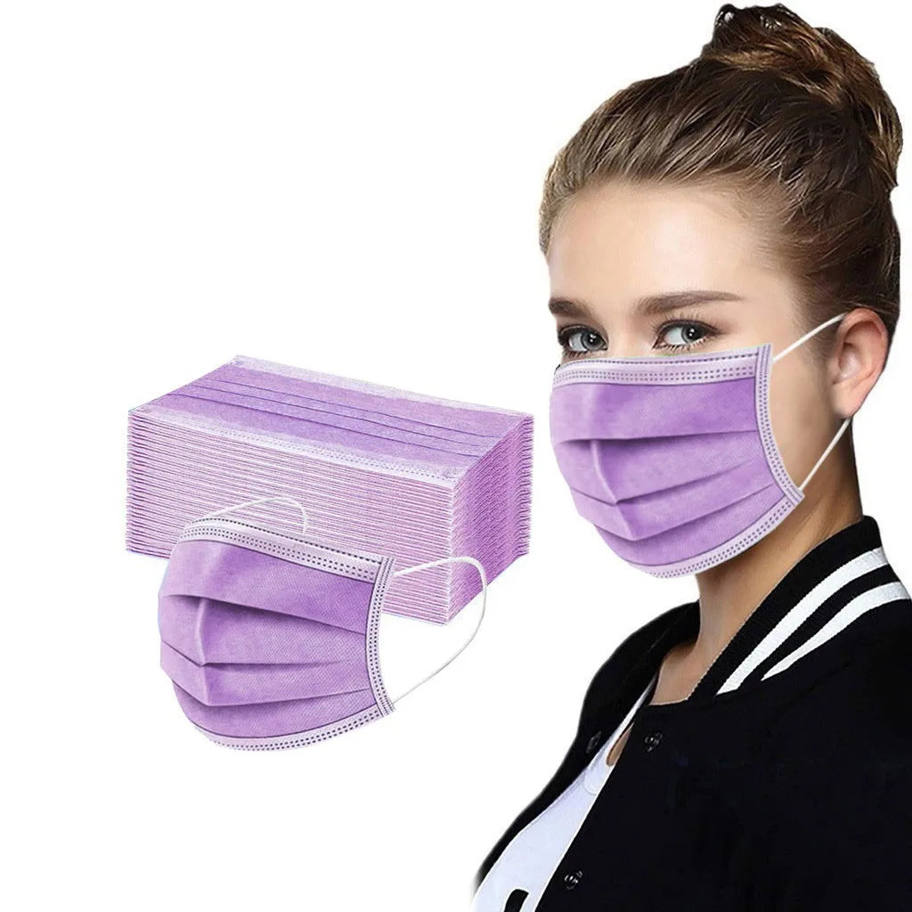 50pcs Women Man Solid Disposable Face Mask 3ply Ear Loop Anti-Pm2.5 Mask Fan Purple Disposable Mask Dustproof And Aesthetically