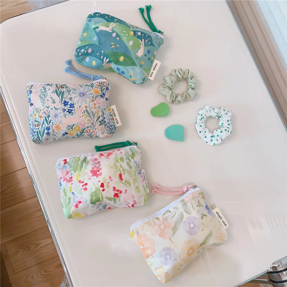 Mini  Make Up Bags Small Zipper Women Cute Floral Clutch Lipstick Bag Key Wallet Lady Cotton Travel Makeup Storage Bag Pouch