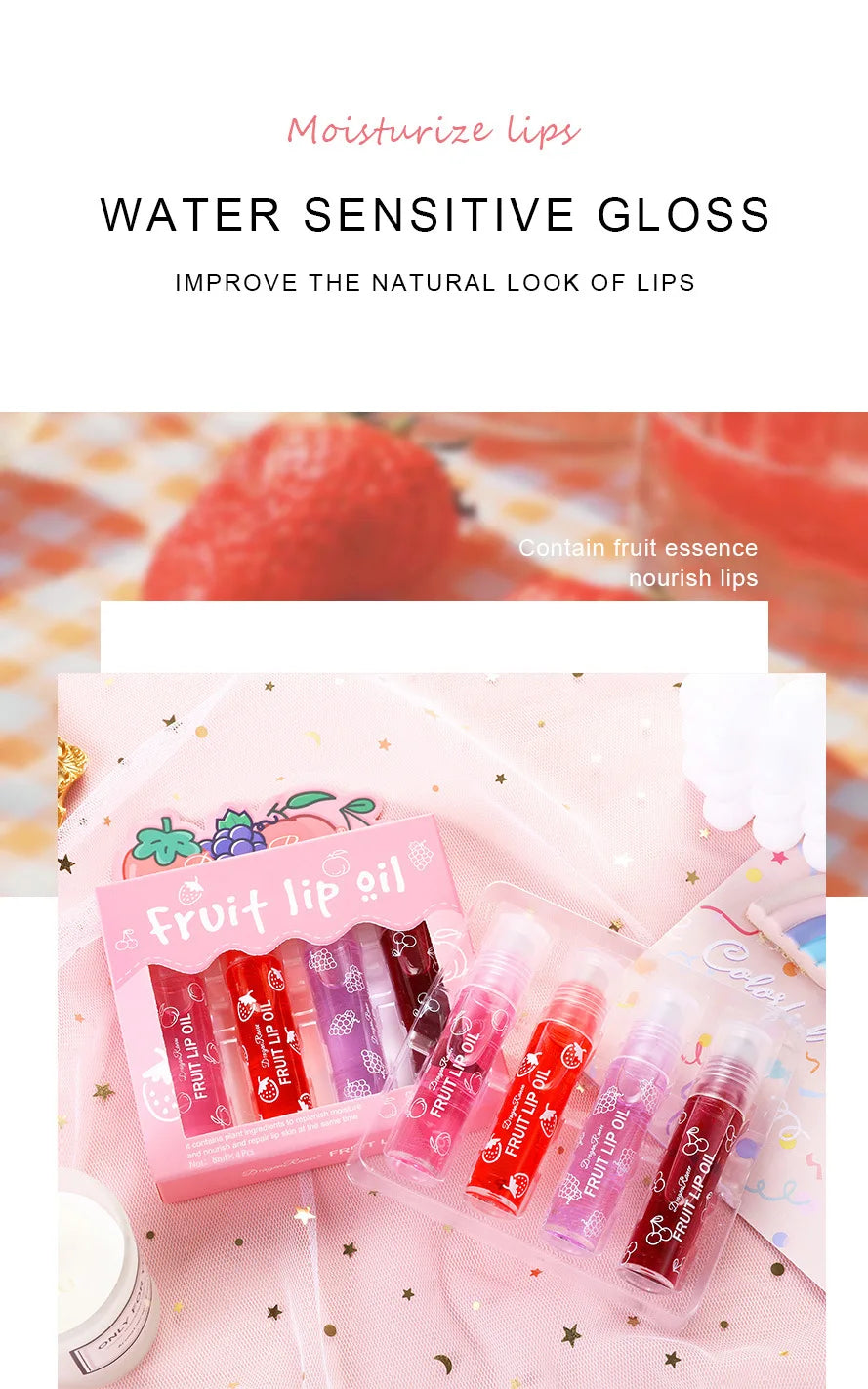 Set of Four Rolling Head Lip Oils Moisturizing Hydrating Roller Ball Lip Care Anti-Drying Transparent Lip Blam for Lip Health