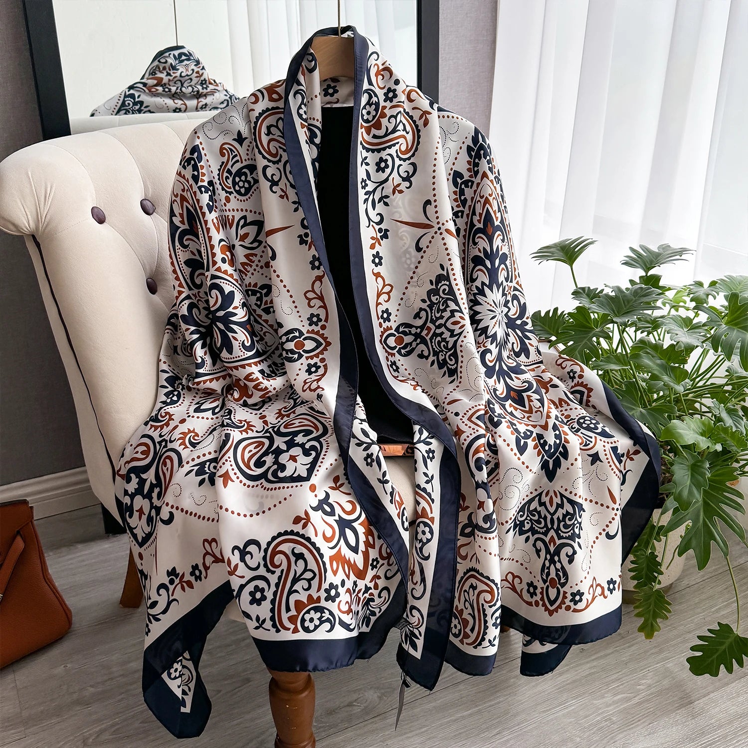 New Geometry Design Large Silk Soft Scarf Women Stylish Print Long Shawl Handkerchief Summer Sun protection Elegant Travel Wrap