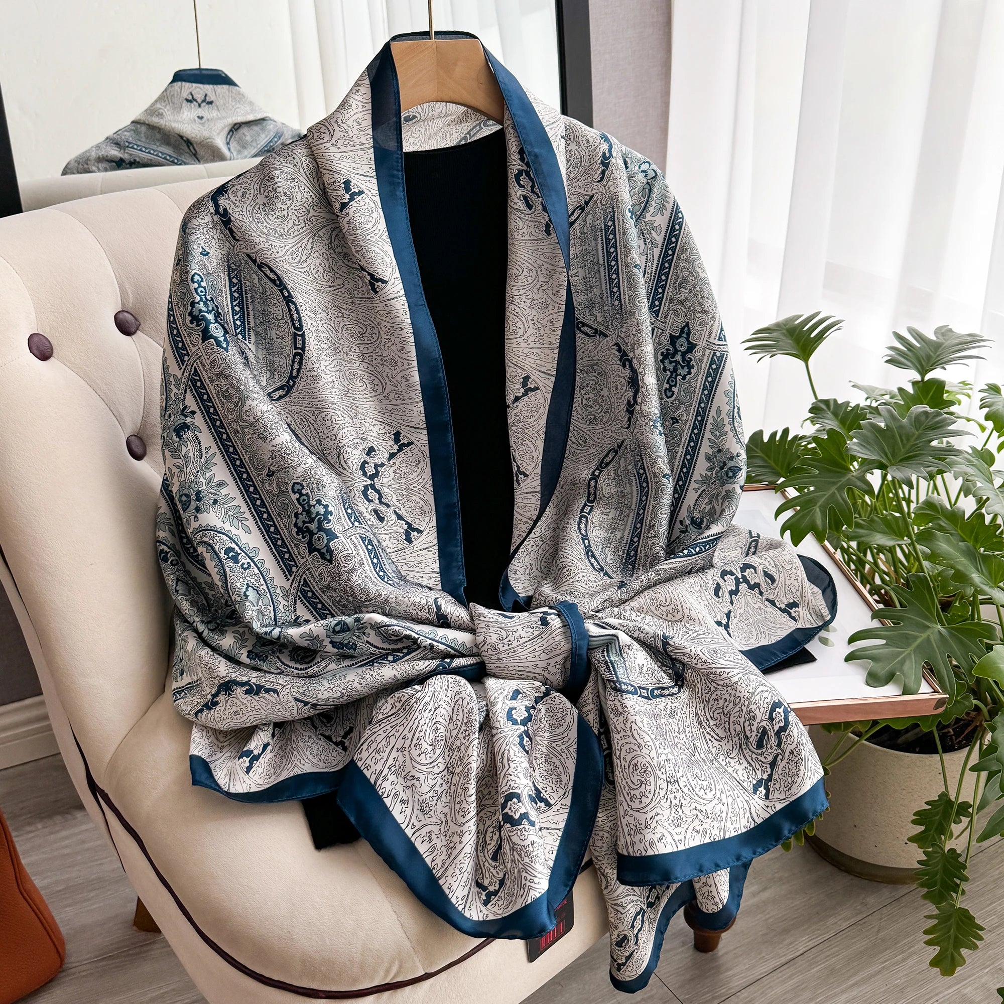 New Geometry Design Large Silk Soft Scarf Women Stylish Print Long Shawl Handkerchief Summer Sun protection Elegant Travel Wrap