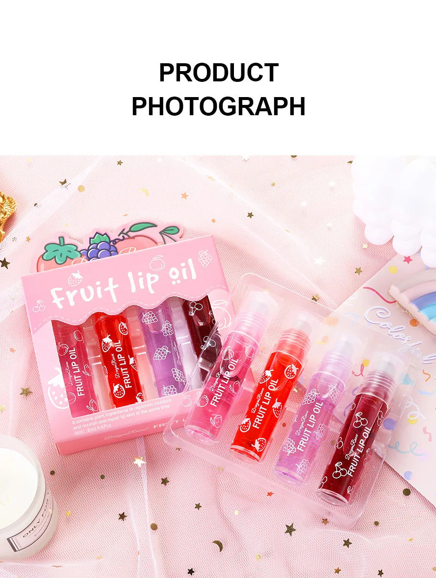 Set of Four Rolling Head Lip Oils Moisturizing Hydrating Roller Ball Lip Care Anti-Drying Transparent Lip Blam for Lip Health