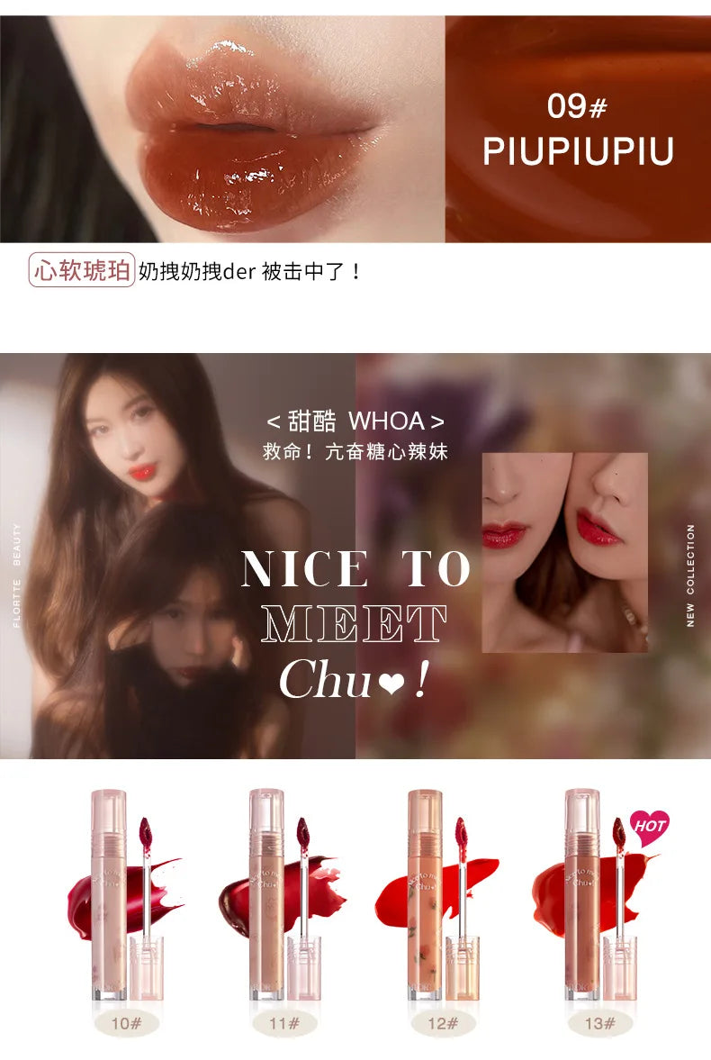 FLORTTE Glow Lip Glaze First Kiss Dew Vitamin Long-Lasting Lip Gloss Lipstick Make Up Mirror Lipgloss