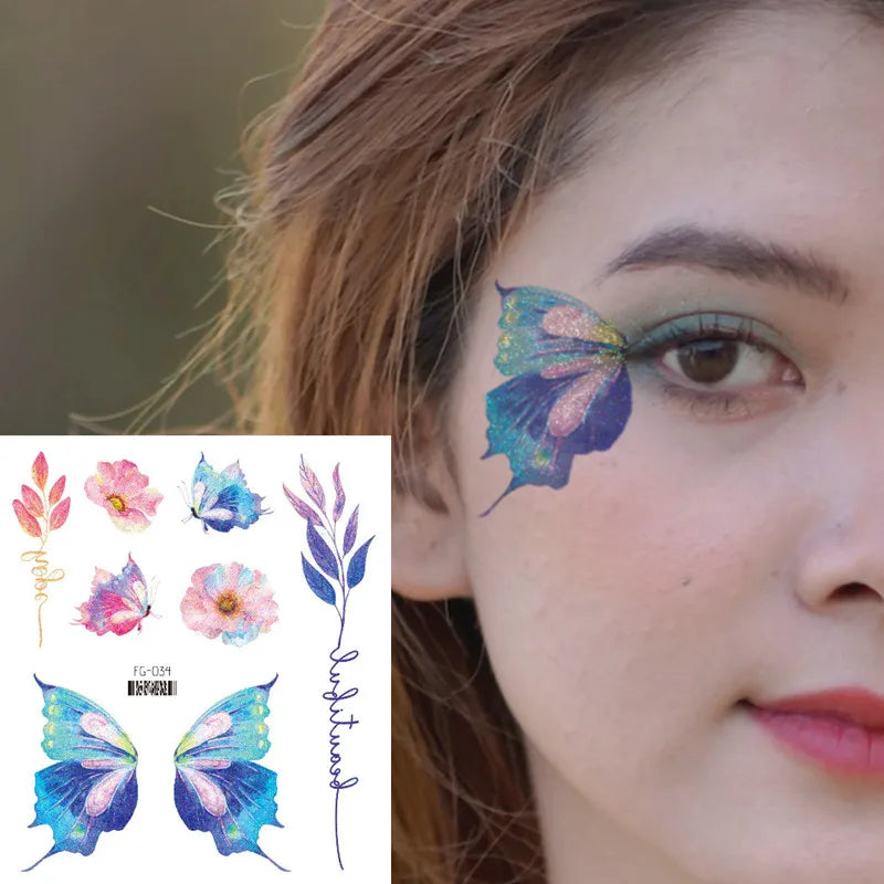 Purple Fairy Butterfly Tattoo Stickers Waterproof Eyes Face Stickers Glitters Body Art Fake Tattoos Dance Music Festival Make Up