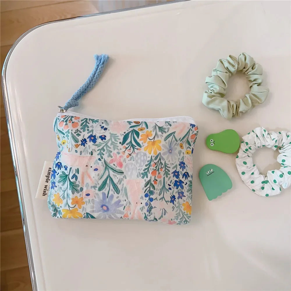 Mini  Make Up Bags Small Zipper Women Cute Floral Clutch Lipstick Bag Key Wallet Lady Cotton Travel Makeup Storage Bag Pouch