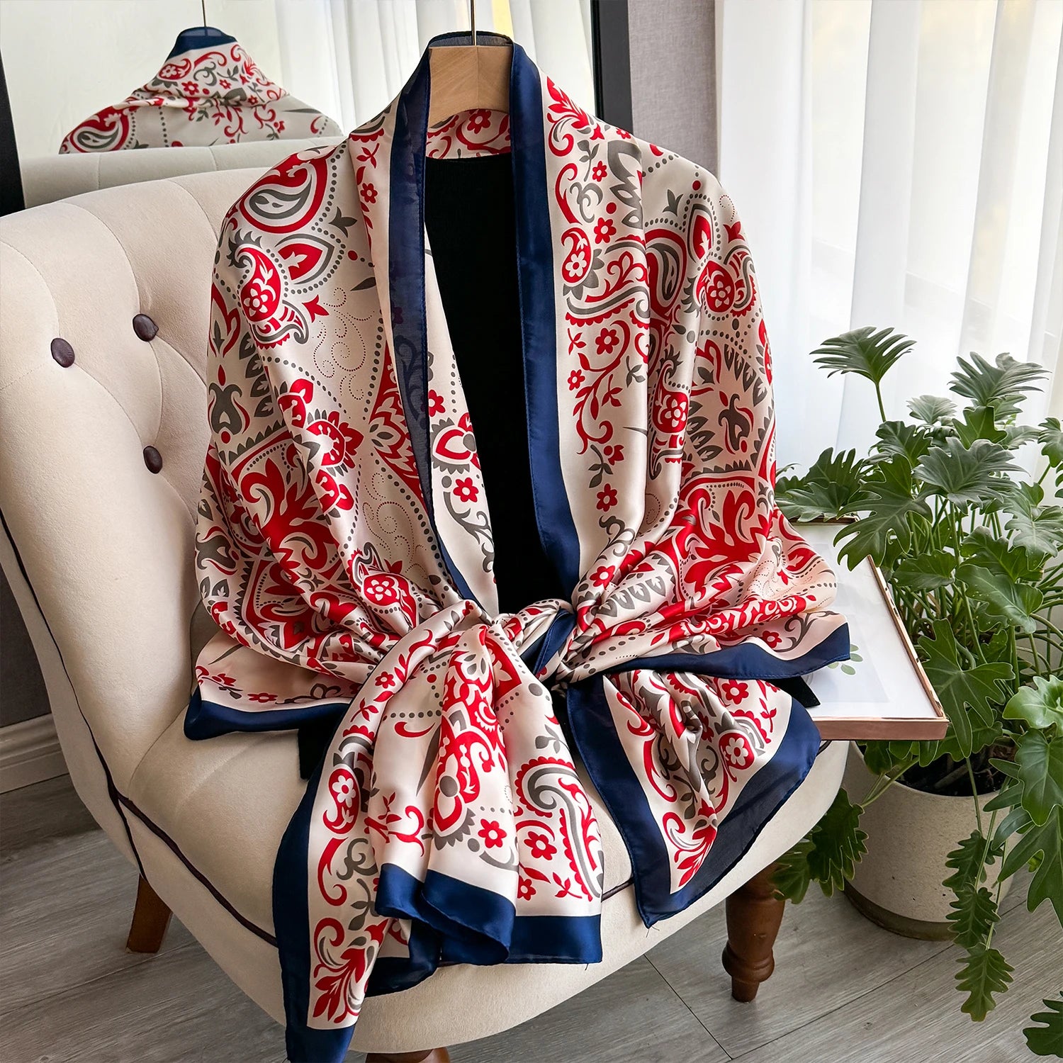 New Geometry Design Large Silk Soft Scarf Women Stylish Print Long Shawl Handkerchief Summer Sun protection Elegant Travel Wrap