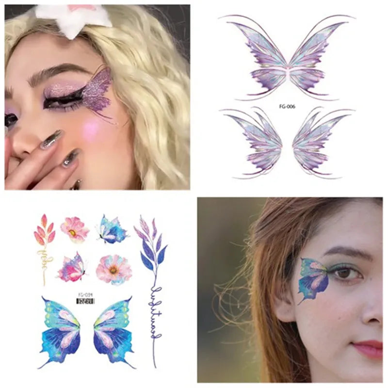 Purple Fairy Butterfly Tattoo Stickers Waterproof Eyes Face Stickers Glitters Body Art Fake Tattoos Dance Music Festival Make Up