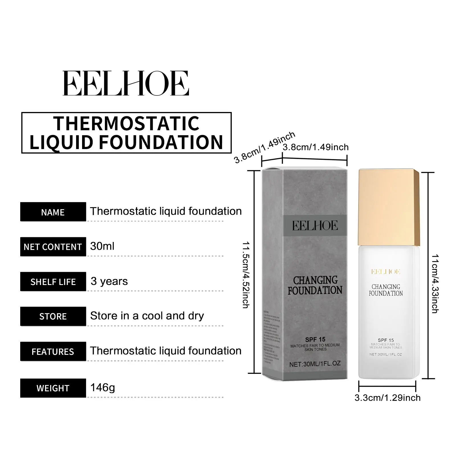 EELHOE Colour Changing Foundation Spf 15 Sun Protection Waterproof Oil Control Brighten Colour Changing Mature Skin Foundation