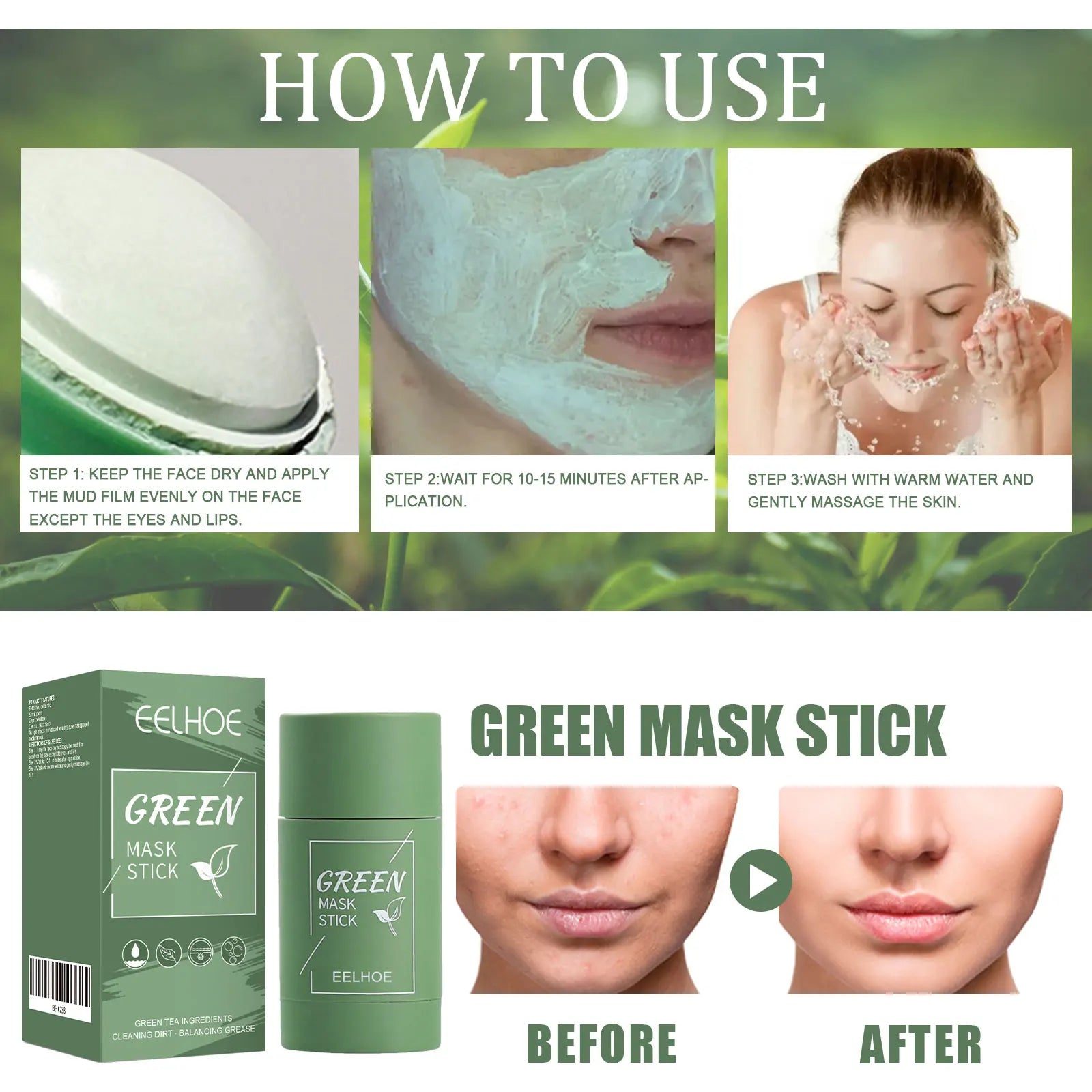Green tea solid mask deep cleansing hydrating mask stick shrinks pores smearable mud mask stick deep moisturizing tender skin