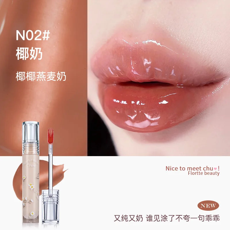 FLORTTE Glow Lip Glaze First Kiss Dew Vitamin Long-Lasting Lip Gloss Lipstick Make Up Mirror Lipgloss