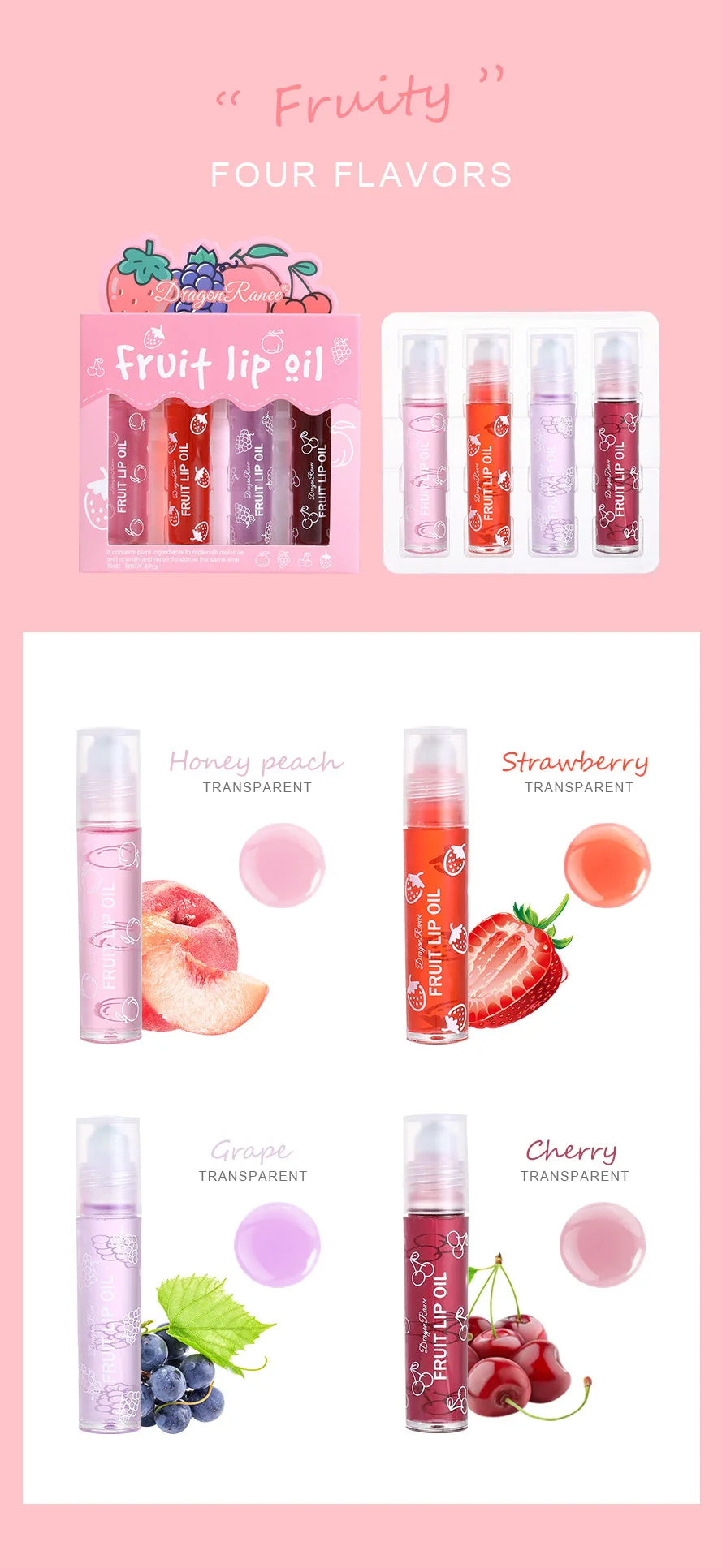 Set of Four Rolling Head Lip Oils Moisturizing Hydrating Roller Ball Lip Care Anti-Drying Transparent Lip Blam for Lip Health