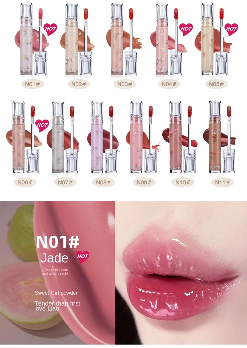 FLORTTE Glow Lip Glaze First Kiss Dew Vitamin Long-Lasting Lip Gloss Lipstick Make Up Mirror Lipgloss