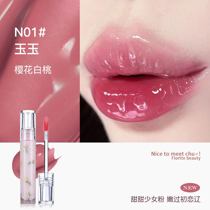 FLORTTE Glow Lip Glaze First Kiss Dew Vitamin Long-Lasting Lip Gloss Lipstick Make Up Mirror Lipgloss