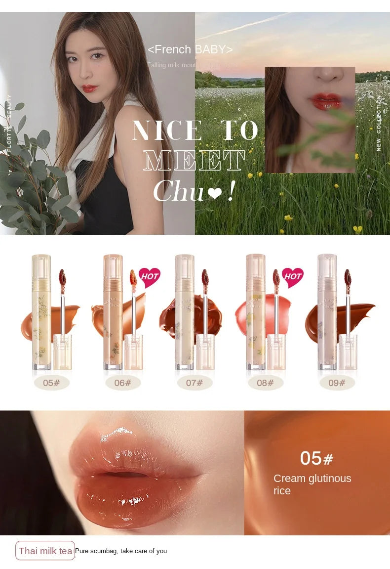 FLORTTE Glow Lip Glaze First Kiss Dew Vitamin Long-Lasting Lip Gloss Lipstick Make Up Mirror Lipgloss