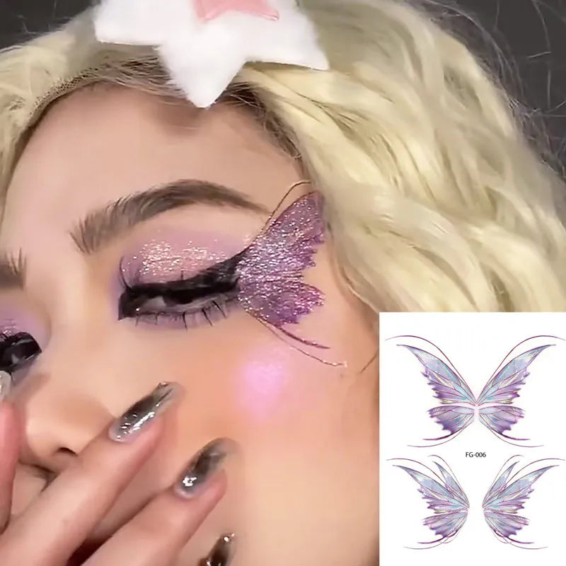 Purple Fairy Butterfly Tattoo Stickers Waterproof Eyes Face Stickers Glitters Body Art Fake Tattoos Dance Music Festival Make Up