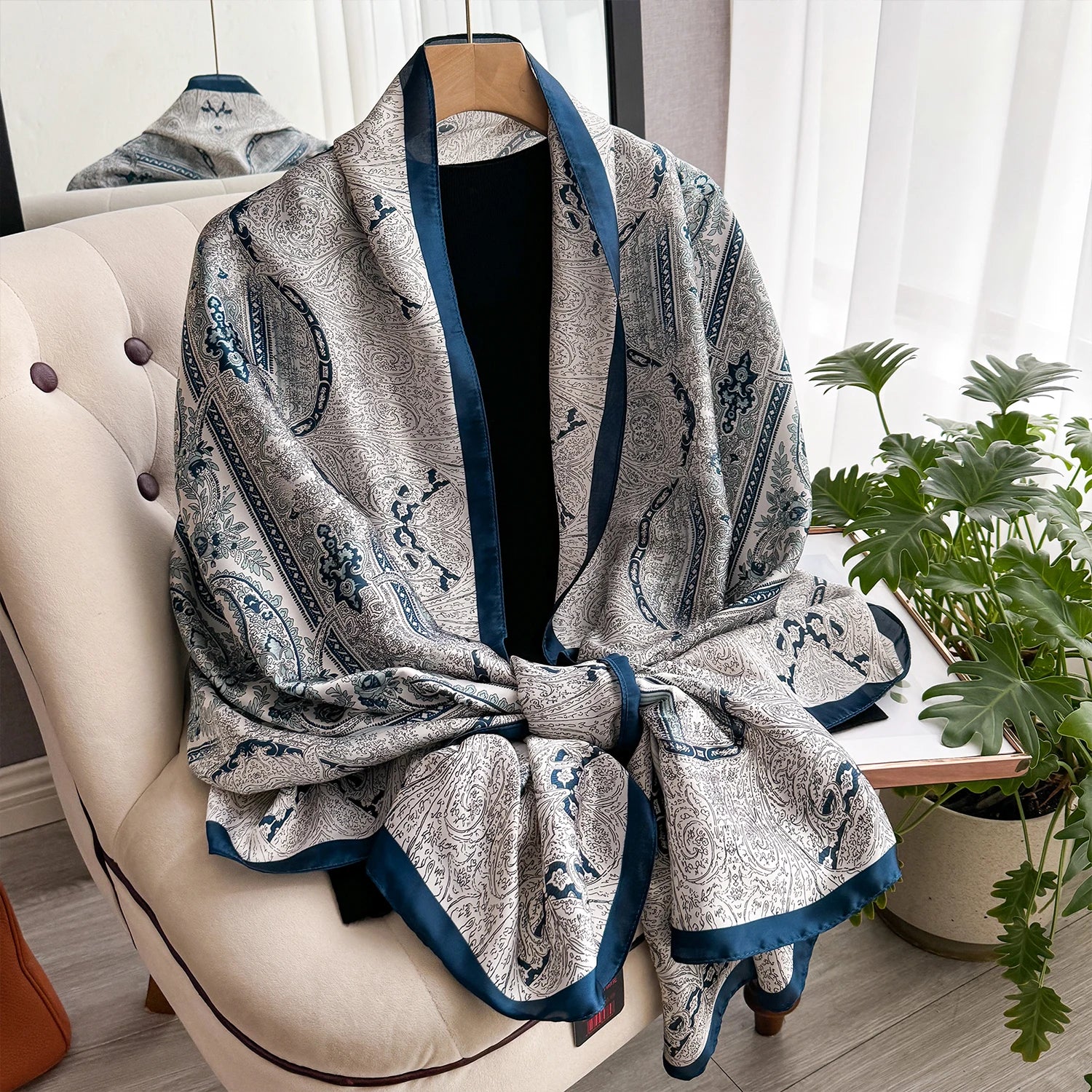New Geometry Design Large Silk Soft Scarf Women Stylish Print Long Shawl Handkerchief Summer Sun protection Elegant Travel Wrap