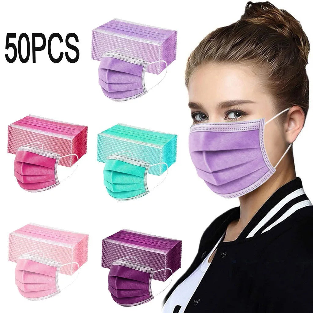 50pcs Women Man Solid Disposable Face Mask 3ply Ear Loop Anti-Pm2.5 Mask Fan Purple Disposable Mask Dustproof And Aesthetically