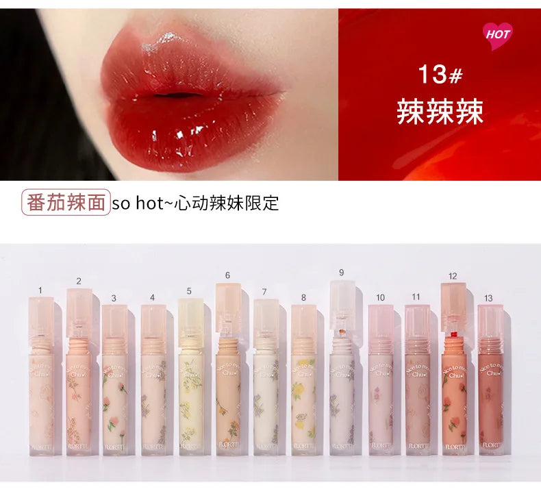 FLORTTE Glow Lip Glaze First Kiss Dew Vitamin Long-Lasting Lip Gloss Lipstick Make Up Mirror Lipgloss
