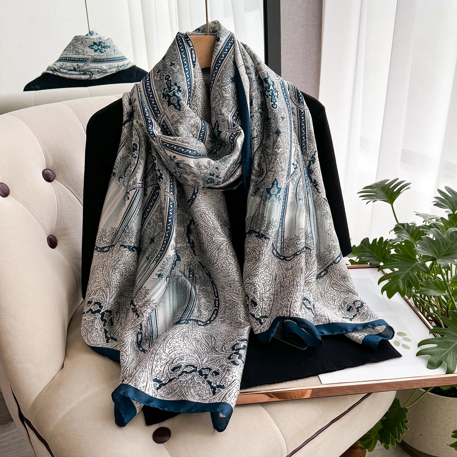New Geometry Design Large Silk Soft Scarf Women Stylish Print Long Shawl Handkerchief Summer Sun protection Elegant Travel Wrap