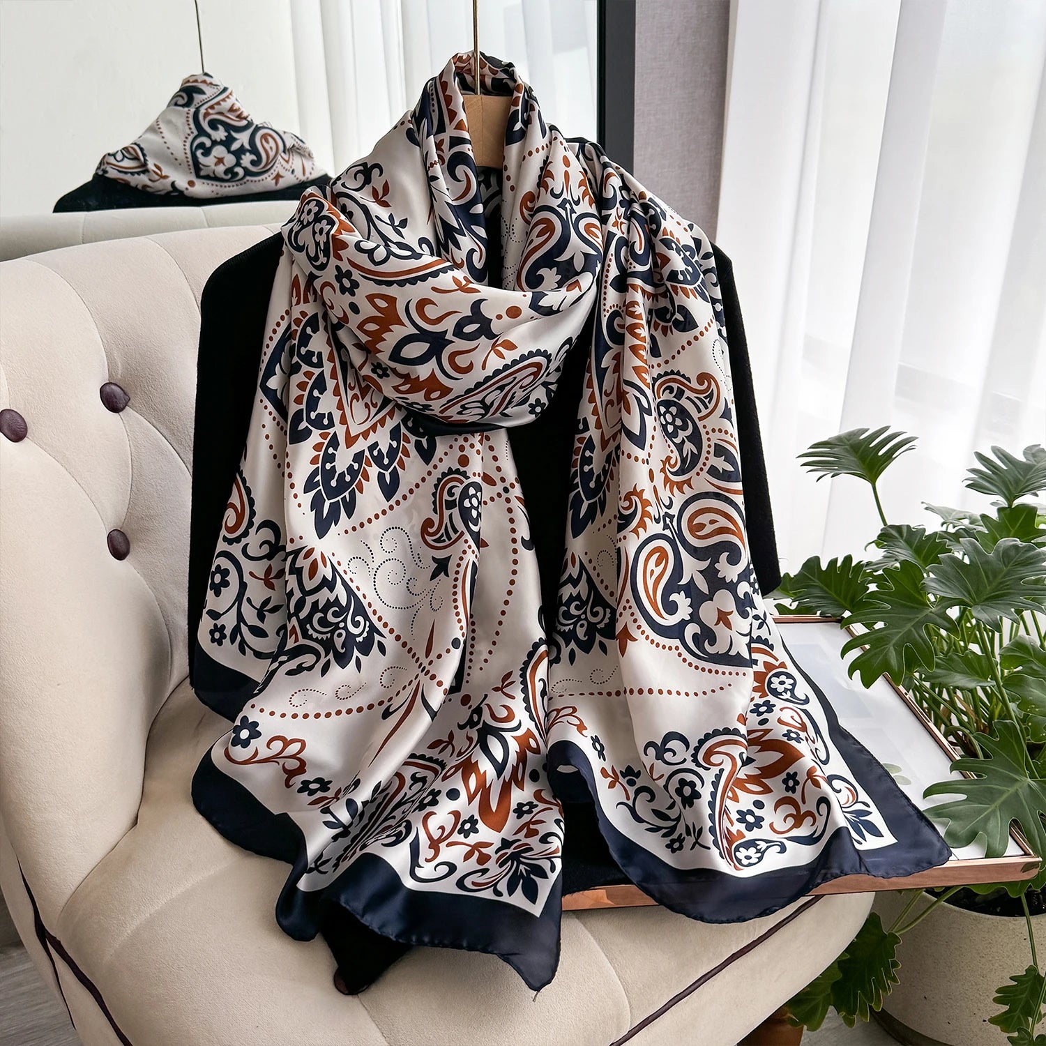 New Geometry Design Large Silk Soft Scarf Women Stylish Print Long Shawl Handkerchief Summer Sun protection Elegant Travel Wrap