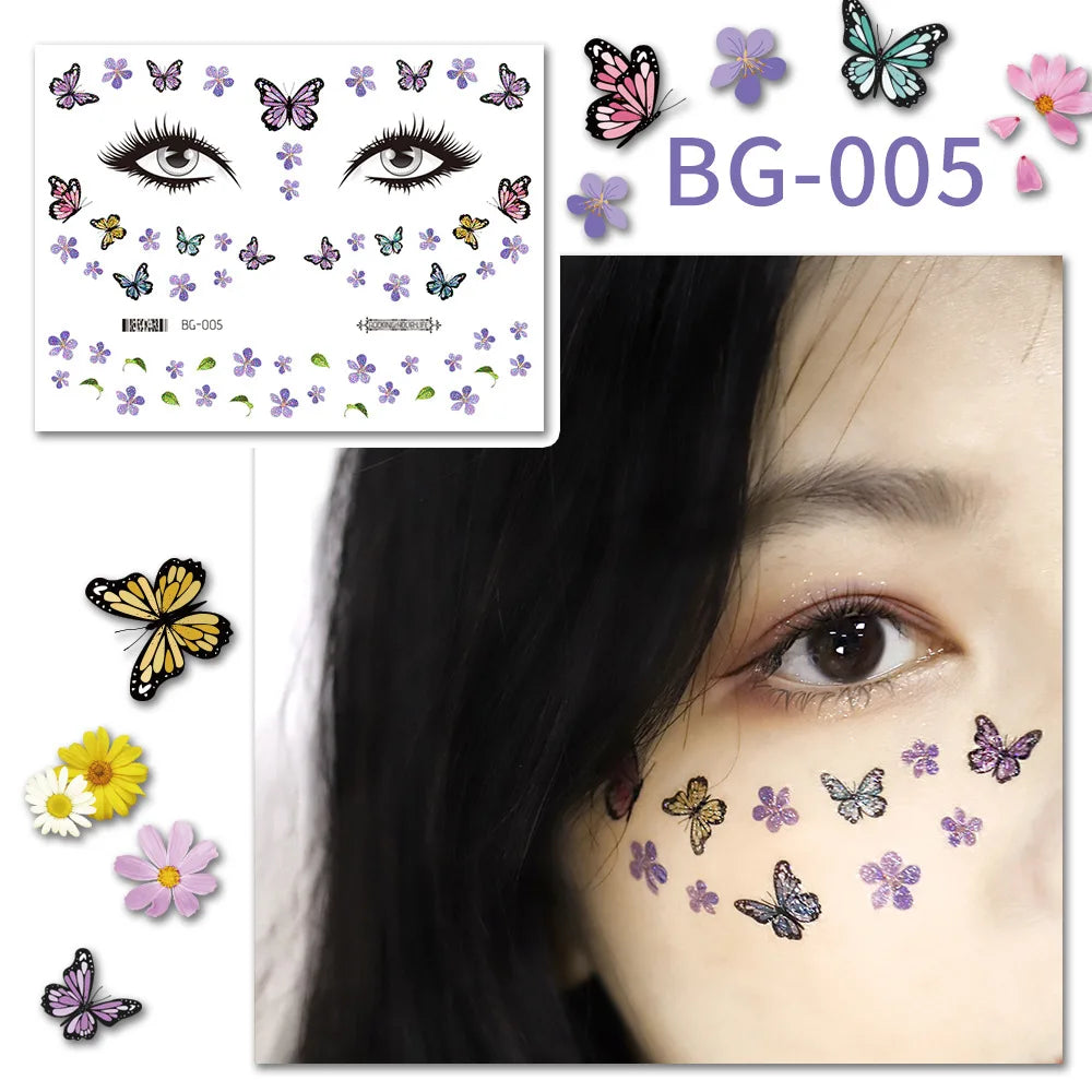 Purple Fairy Butterfly Tattoo Stickers Waterproof Eyes Face Stickers Glitters Body Art Fake Tattoos Dance Music Festival Make Up
