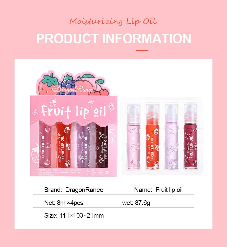 Set of Four Rolling Head Lip Oils Moisturizing Hydrating Roller Ball Lip Care Anti-Drying Transparent Lip Blam for Lip Health