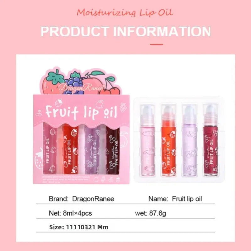 Set of Four Rolling Head Lip Oils Moisturizing Hydrating Roller Ball Lip Care Anti-Drying Transparent Lip Blam for Lip Health