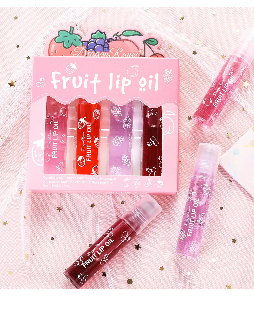 Set of Four Rolling Head Lip Oils Moisturizing Hydrating Roller Ball Lip Care Anti-Drying Transparent Lip Blam for Lip Health