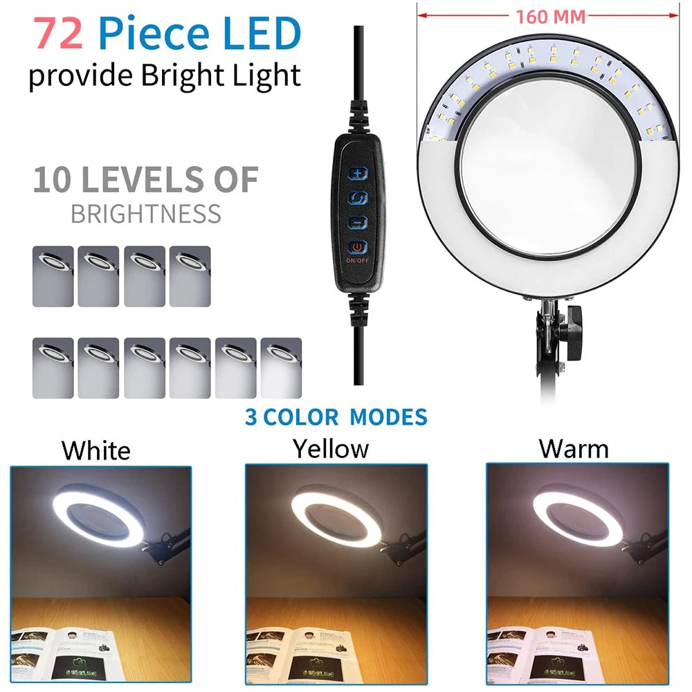 72LED 8X/10X NEW Illuminated Magnifier USB 3 Colors LED Magnifying Glass for Soldering Iron Repair/Table Lamp/Skincare Beauty