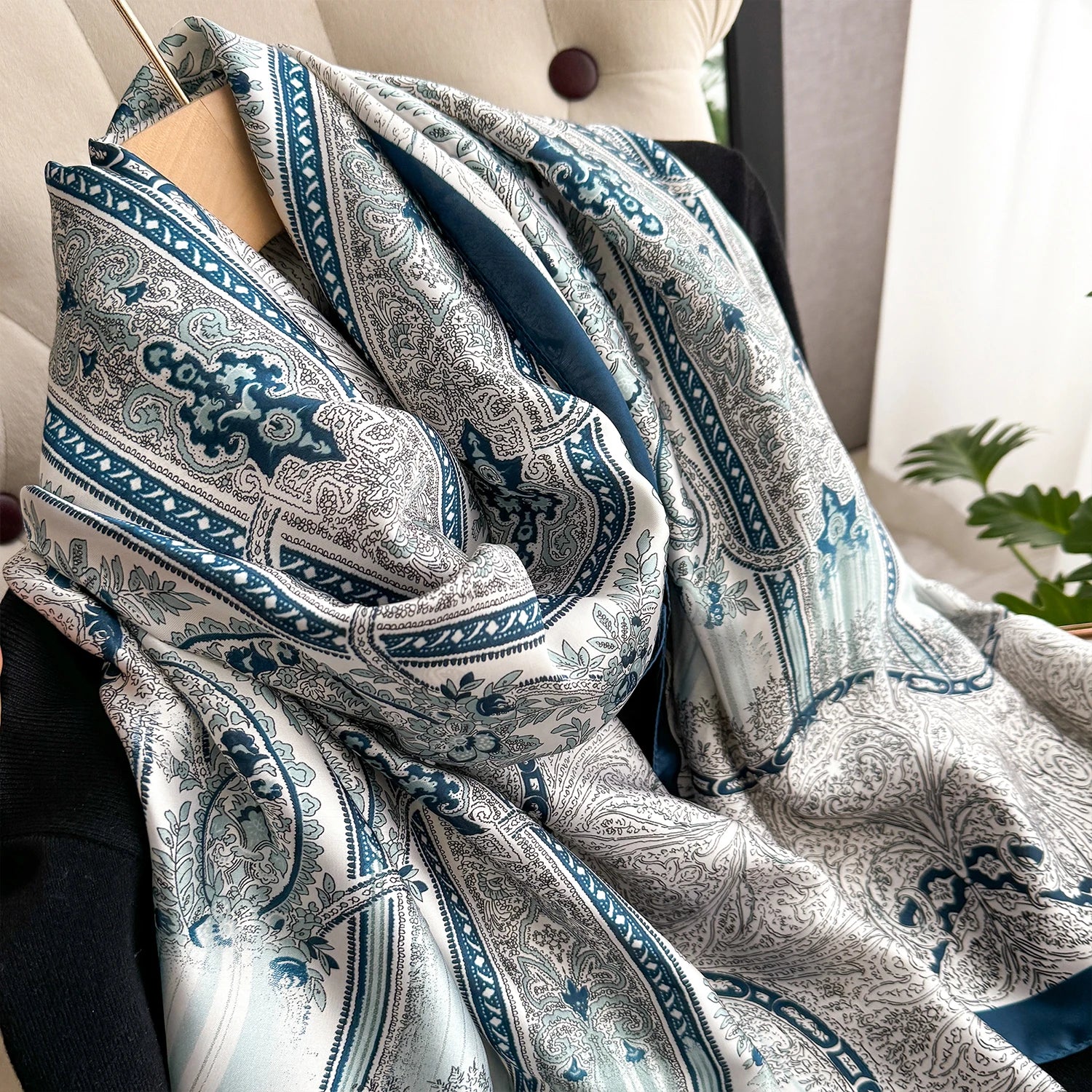 New Geometry Design Large Silk Soft Scarf Women Stylish Print Long Shawl Handkerchief Summer Sun protection Elegant Travel Wrap