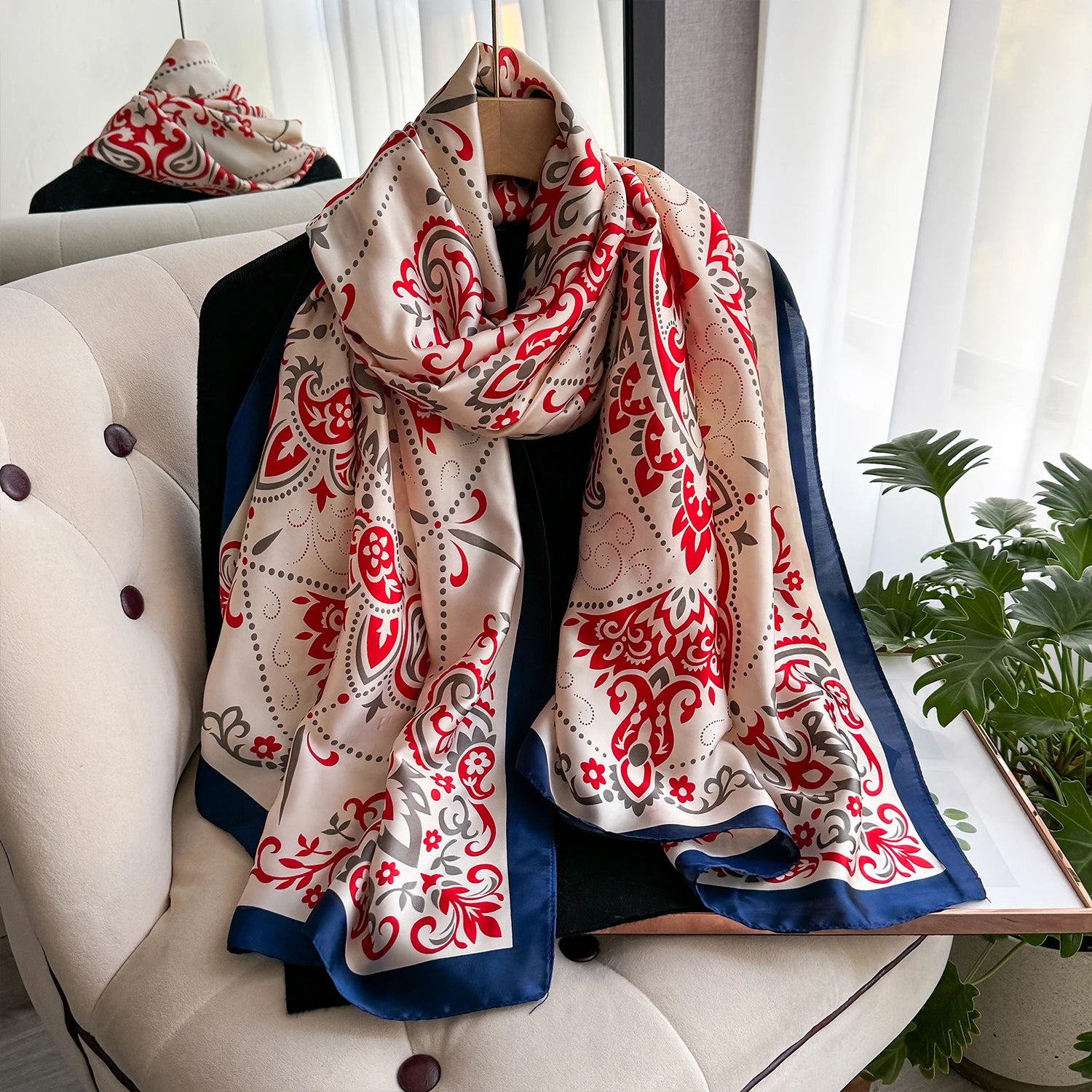 New Geometry Design Large Silk Soft Scarf Women Stylish Print Long Shawl Handkerchief Summer Sun protection Elegant Travel Wrap