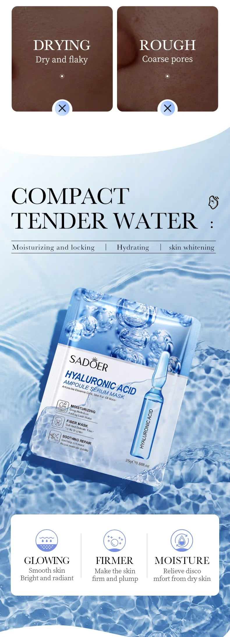 10pcs SAODER Hyaluronic Acid Facial Masks Face skincare Firming Hydrating Moisturizing Face Mask Facial Skin Care Products